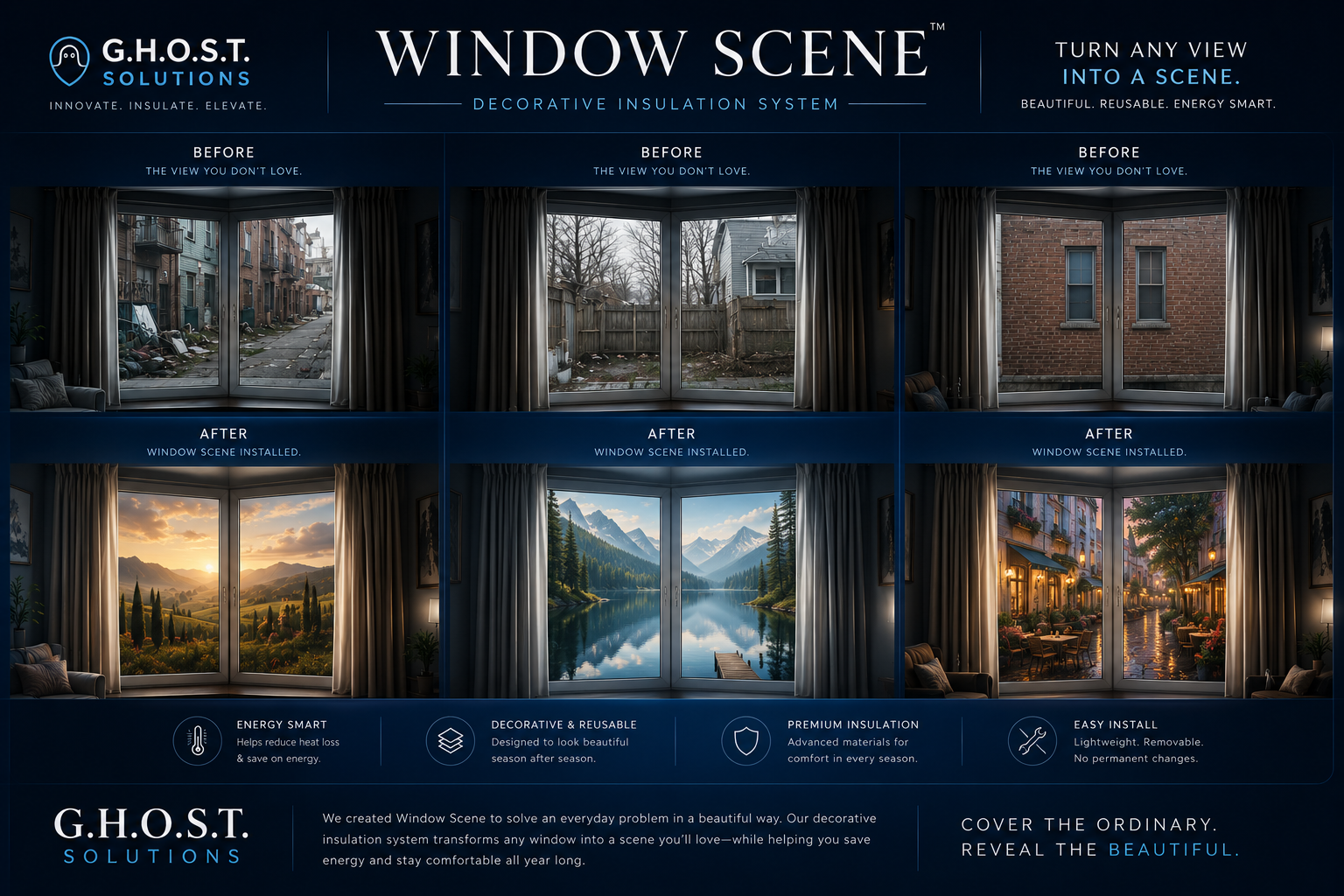 Window Scene product concept board showing before and after decorative insulation panels